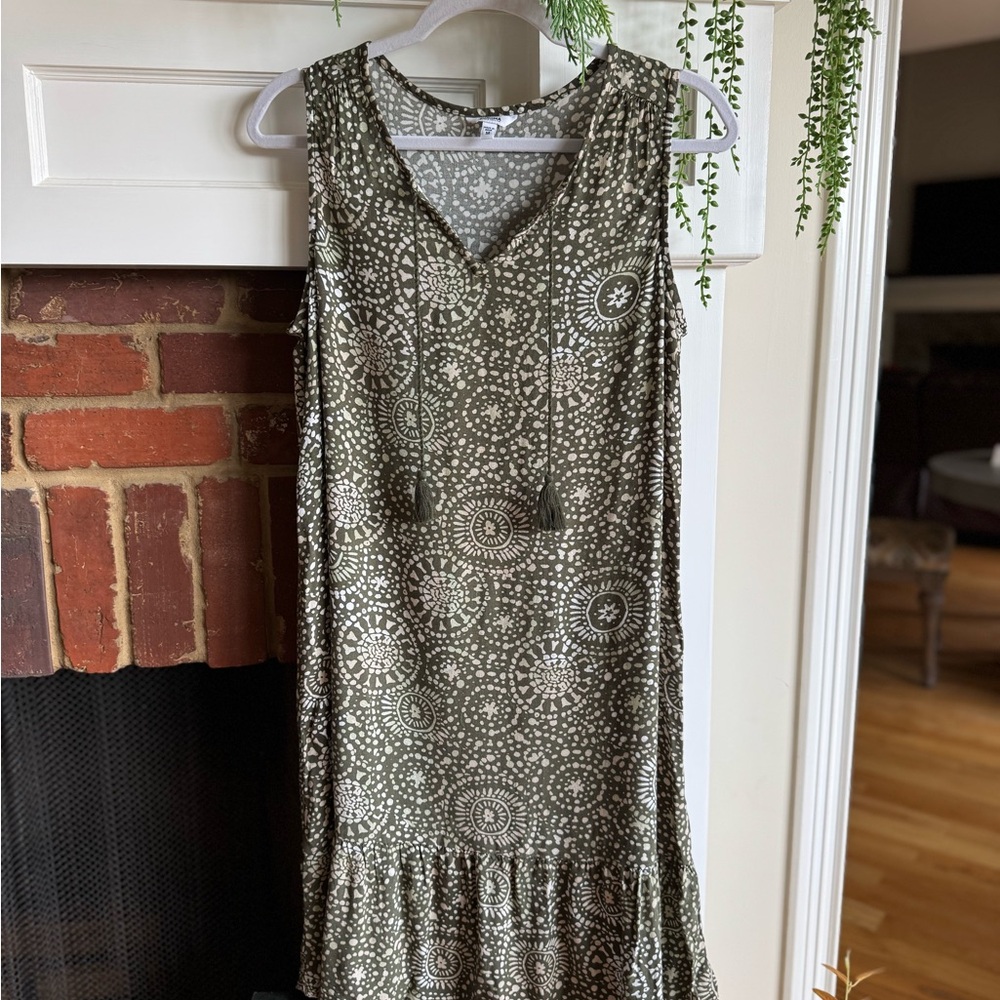 Sonoma Olive and White Patterned Midi Dress